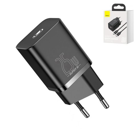 Мережевий зарядний пристрій Baseus Super Si, 25 Вт, Quick Charge, чорний, з кабелем USB тип C до USB тип C, 1 порт, #TZCCSUP L01