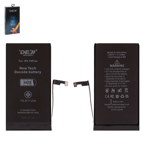 Аккумулятор Deji для Apple iPhone 15 Plus, Li ion, 3,867 B, 4620 мАч, повышенная ёмкость, без ошибки, decode battery