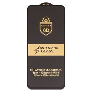 Защитное стекло ESD 6D для Tecno Spark 30C, Spark 40 KM5 , Spark Go 2025 , Spark Go 1 KL4 ; Infinix Hot 60 X6726 , Smart 10 X6725 , Smart 9 X6532 , совместимо с чехлом, Full Glue, Anti Static, без упаковки , черный