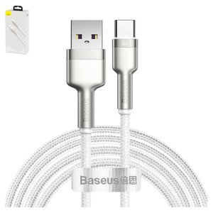 USB Cable Baseus Cafule Series Metal, USB type A, USB type C, 200 cm, 66 W, 6 A, white, silver, nylon braided  #CAKF000202