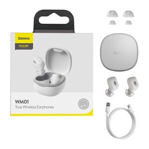 Гарнитура Baseus Encok True Wireless, белая, с зарядным кейсом, USB тип C, с USB кабелем тип C, #NGWM01 02