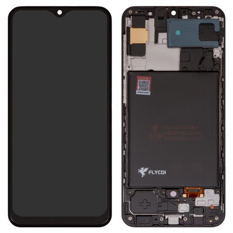 LCD compatible with Samsung A307 Galaxy A30s, A307F DS Galaxy A30s, black, with frame, FLYCDI, with wide edge, OLED