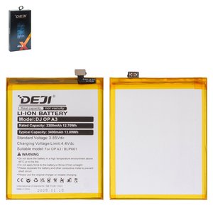 Battery Deji BLP661 compatible with Oppo A3 2018  CPH1837 , F7, Li ion, 3.85 V, 3400 mAh 