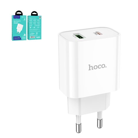 Мережевий зарядний пристрій Hoco C80A Plus, 20 Вт, Power Delivery PD , білий, 2 порта, #6931474779885
