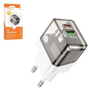 Сетевое зарядное устройство Borofone BA80A, 20 Вт, Quick Charge, Power Delivery PD , черный, прозрачный, 2 порта, #6941991105159