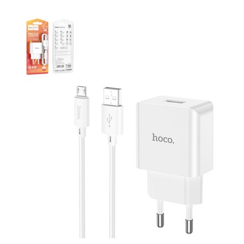 Мережевий зарядний пристрій Hoco C106A, 220 В, білий, з micro USB кабелем тип В, 1 порт, #6931474783905